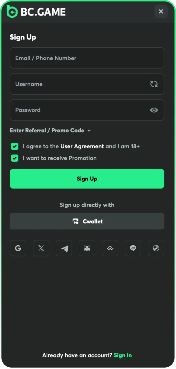 Create your new account through the BC Game App interface.