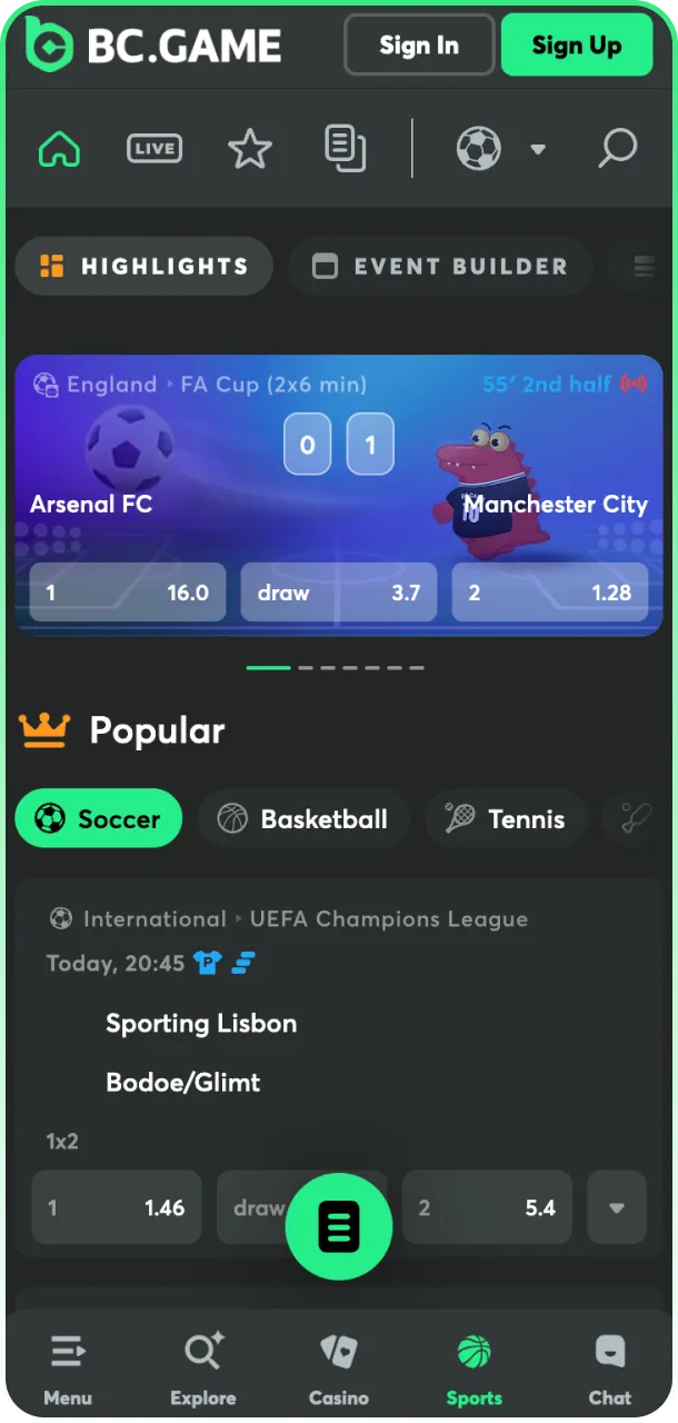 Place sports bets on your favorite teams via BC Game App.