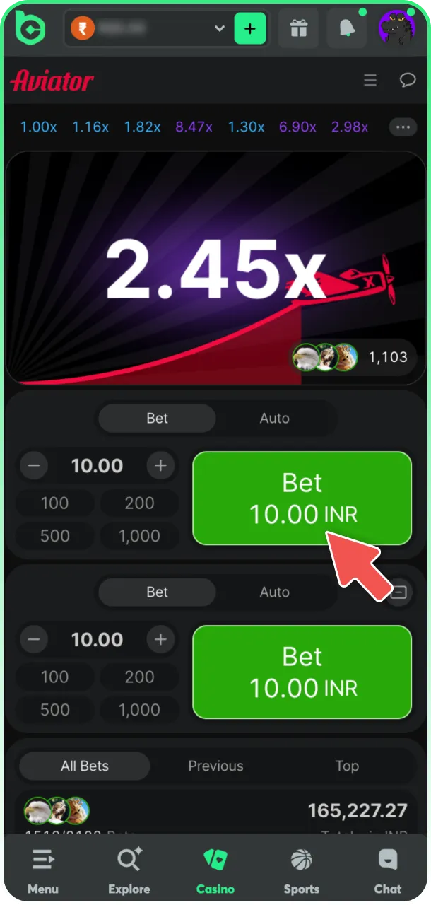 Place your bet and watch the BC Game Aviator flight.