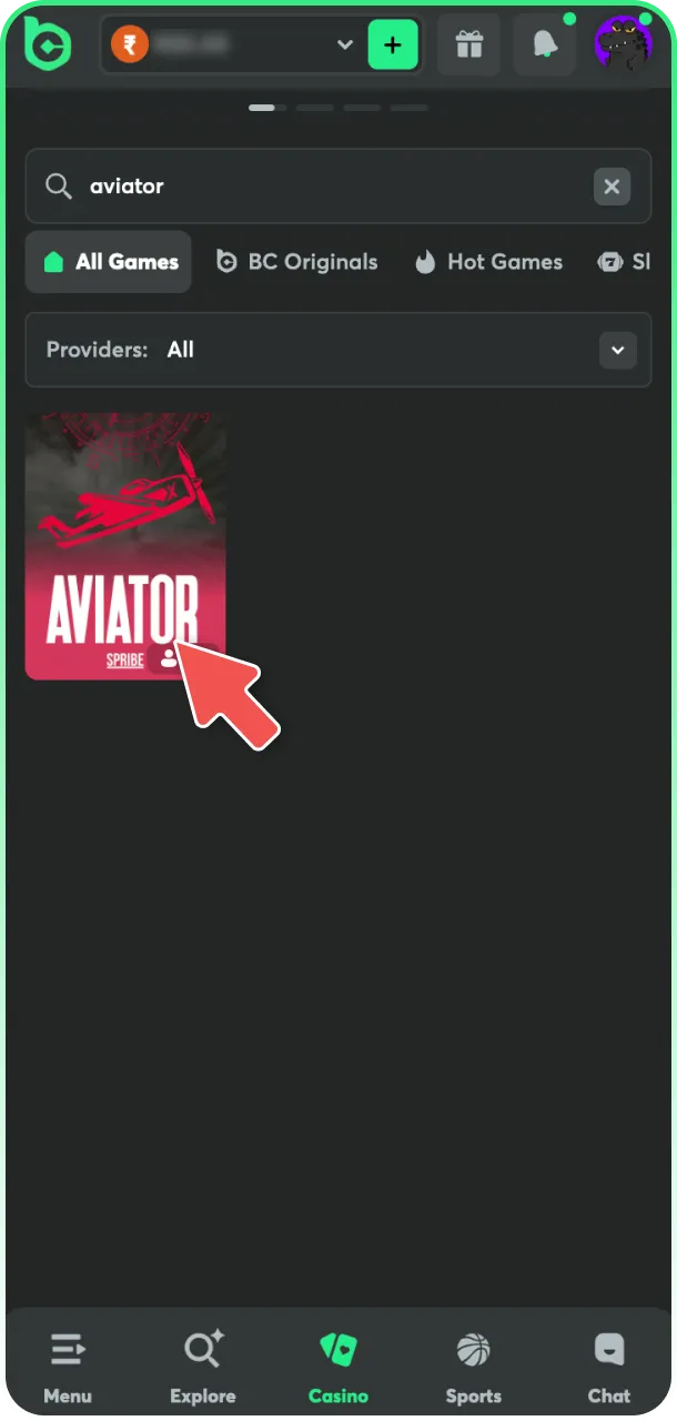 Find the Aviator game in the official BC Game India lobby.
