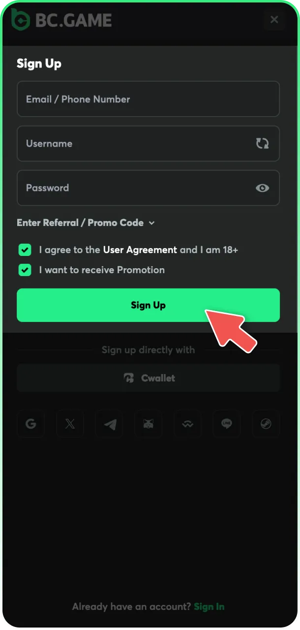 Complete the signup form to register your account on BC Game.