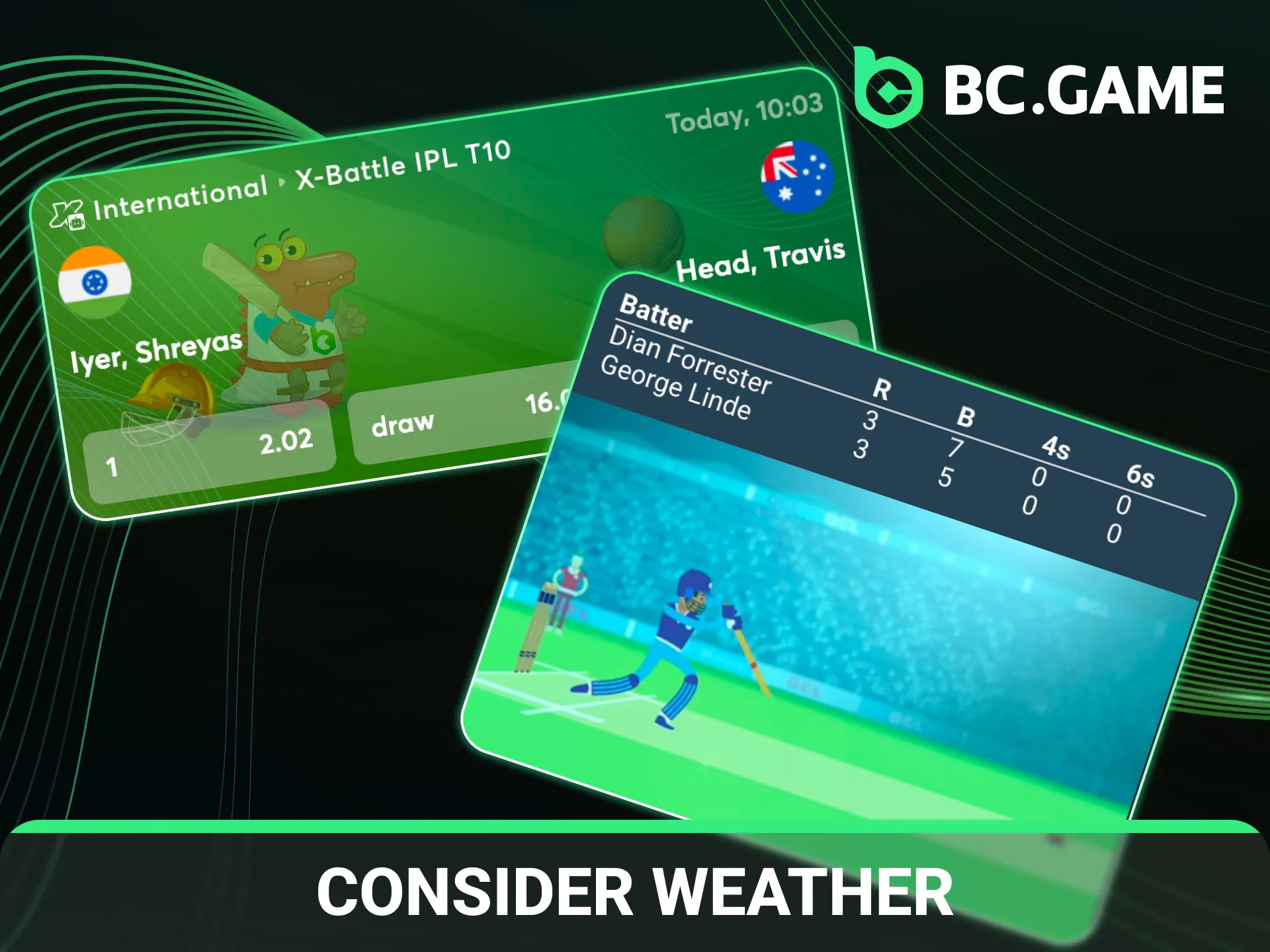 Consider weather and pitch conditions for every BC Game cricket wager.