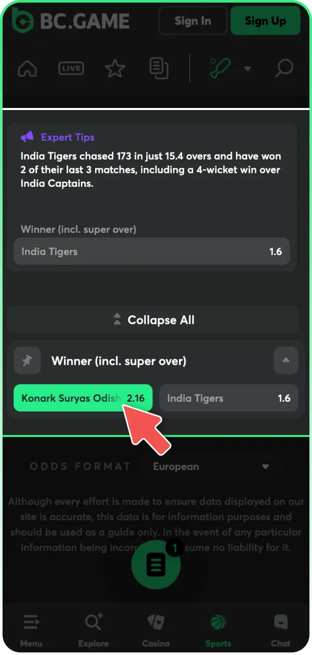 Learn the process of placing your first bet in BC Game App.