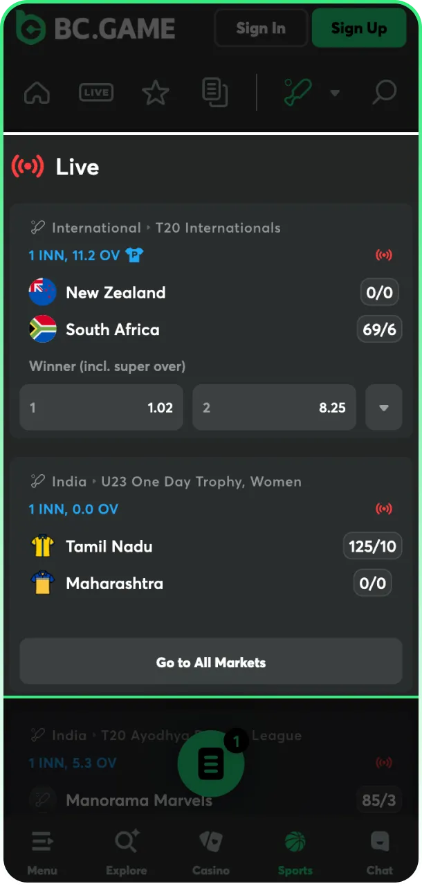 Enjoy switching between pre-match and live odds in BC Game App.