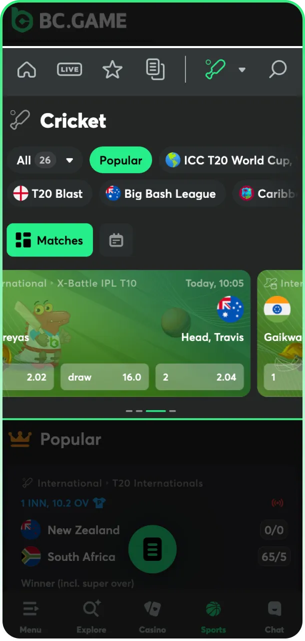 Choose a cricket match from the extensive BC Game India lineup.