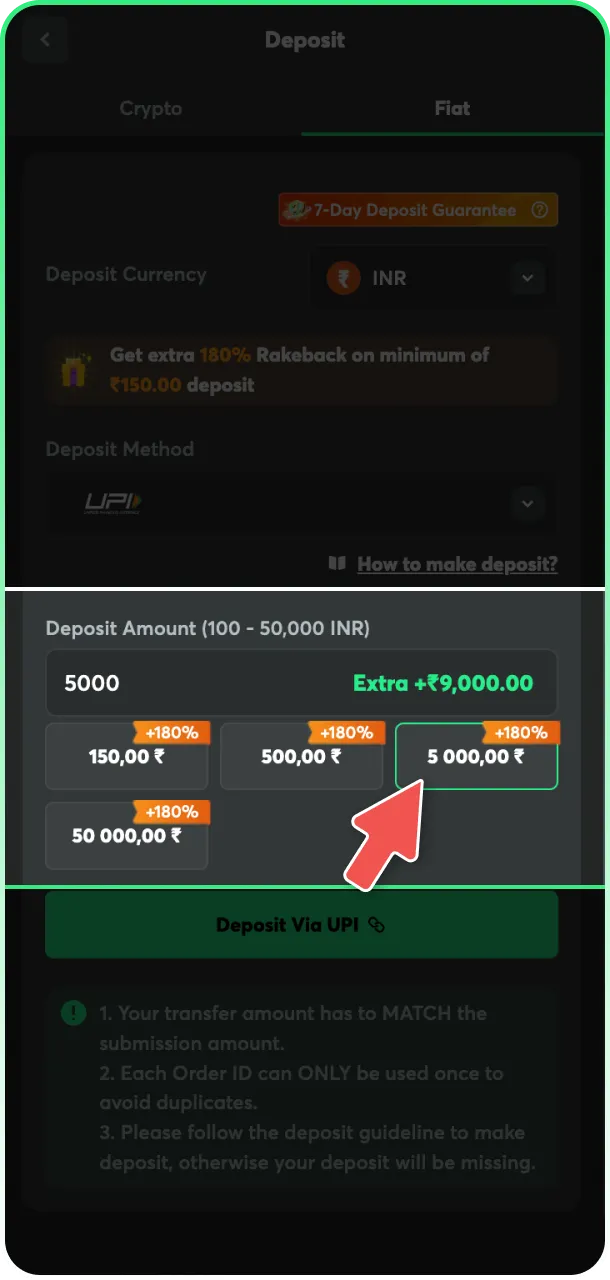 Enter the deposit amount to play games at BC Game.