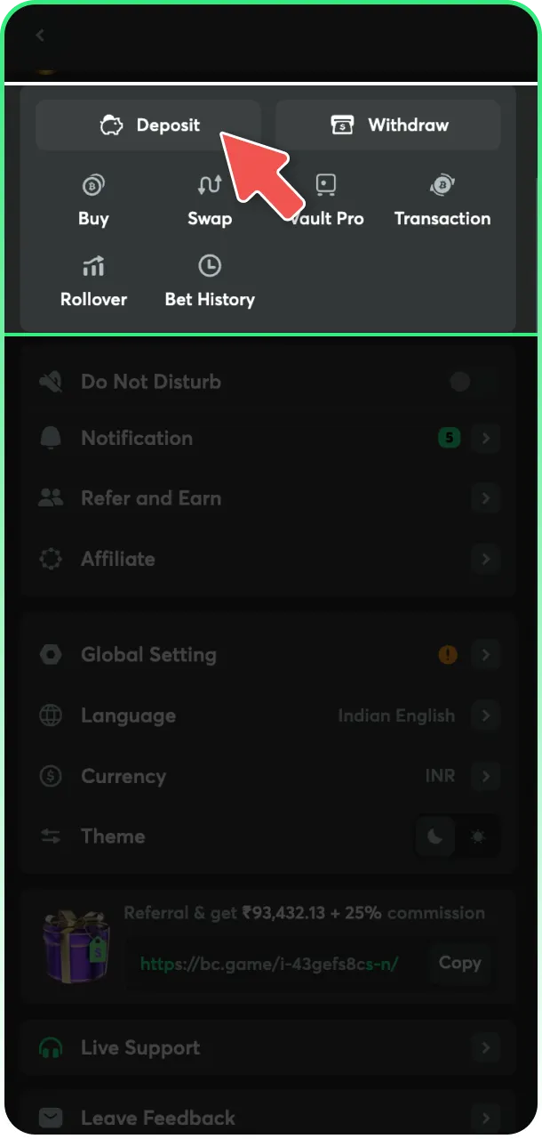 Navigate to the deposit section on the official BC Game.