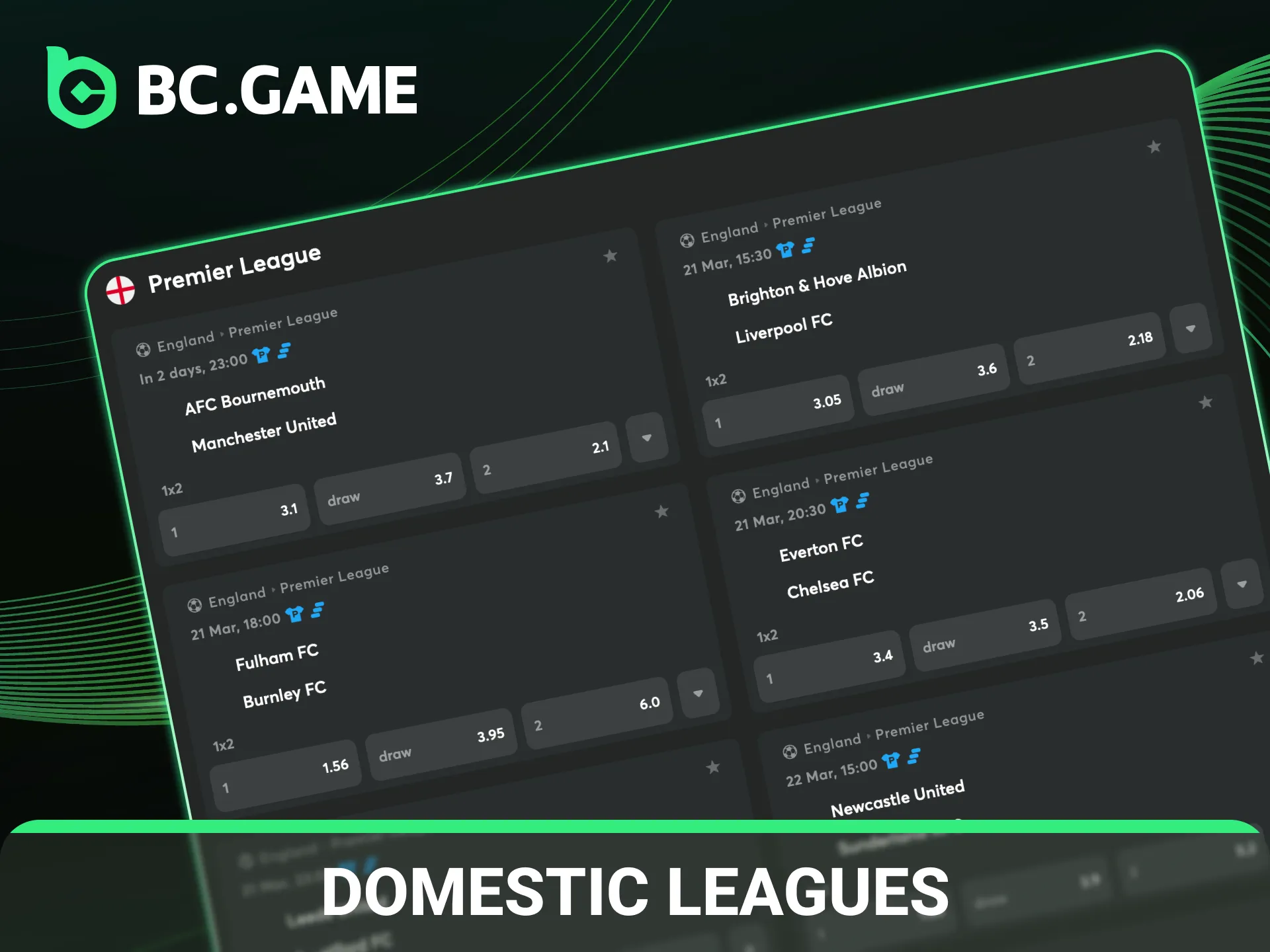 Explore football domestic leagues available in the mobile BC Game app.