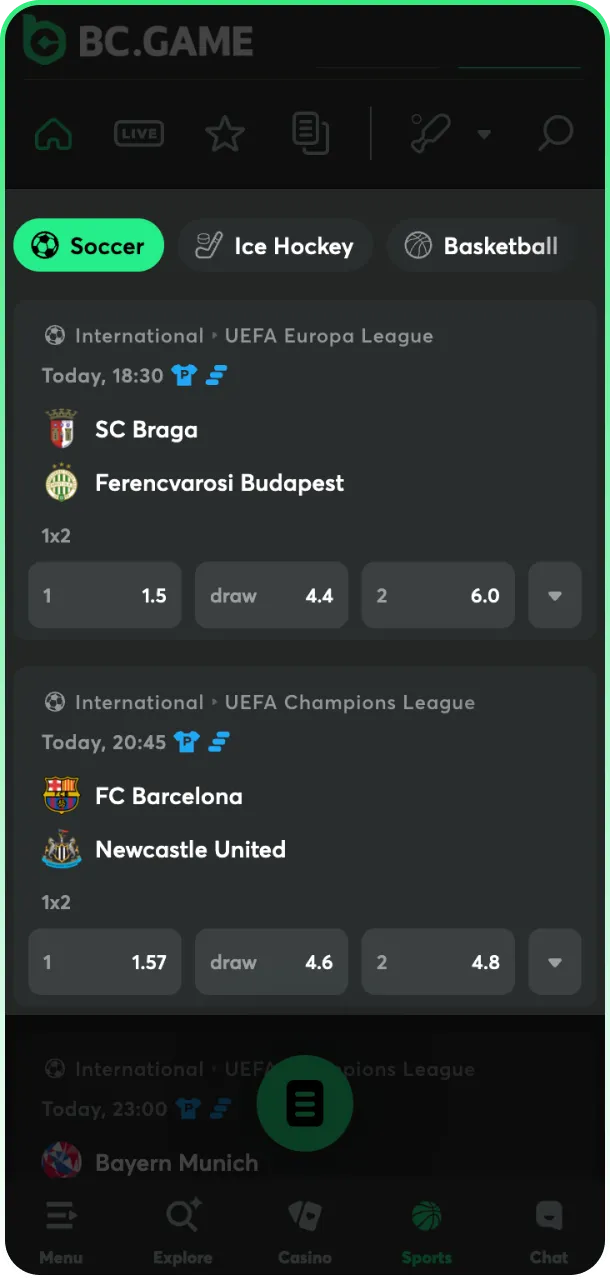 Find a football match to wager on at BC Game India.