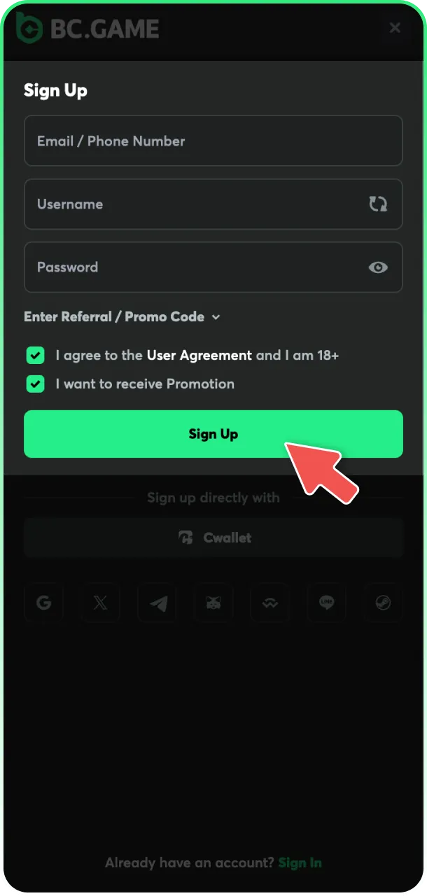 Create your account to start betting on BC Game football matches.