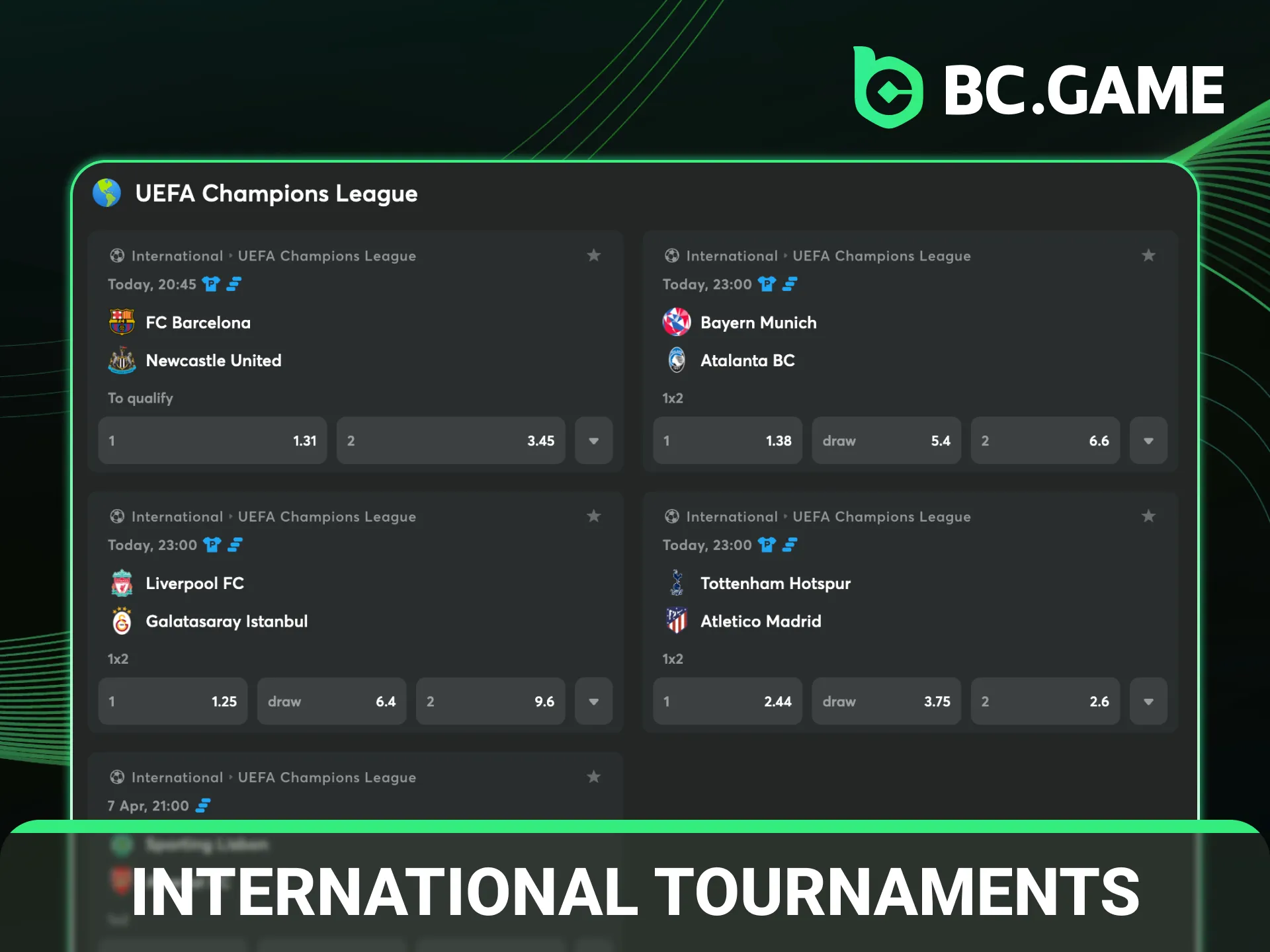 Bet on football international tournaments through the BC Game app.
