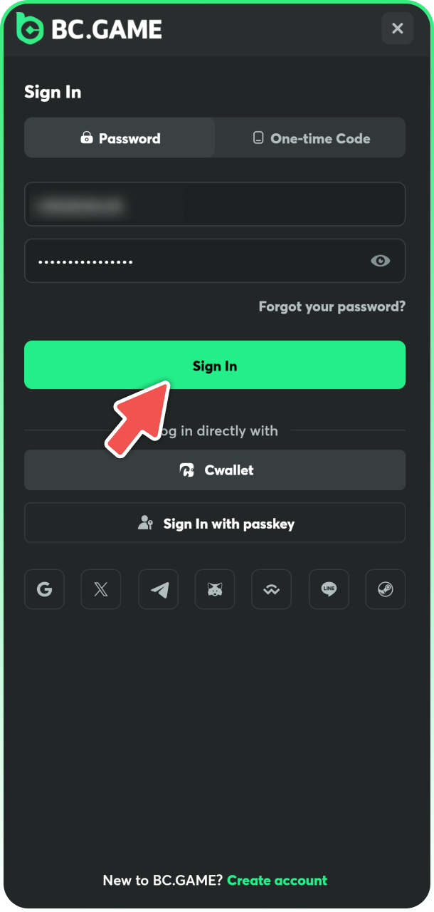Press Sign In button to login to your BCGame account.