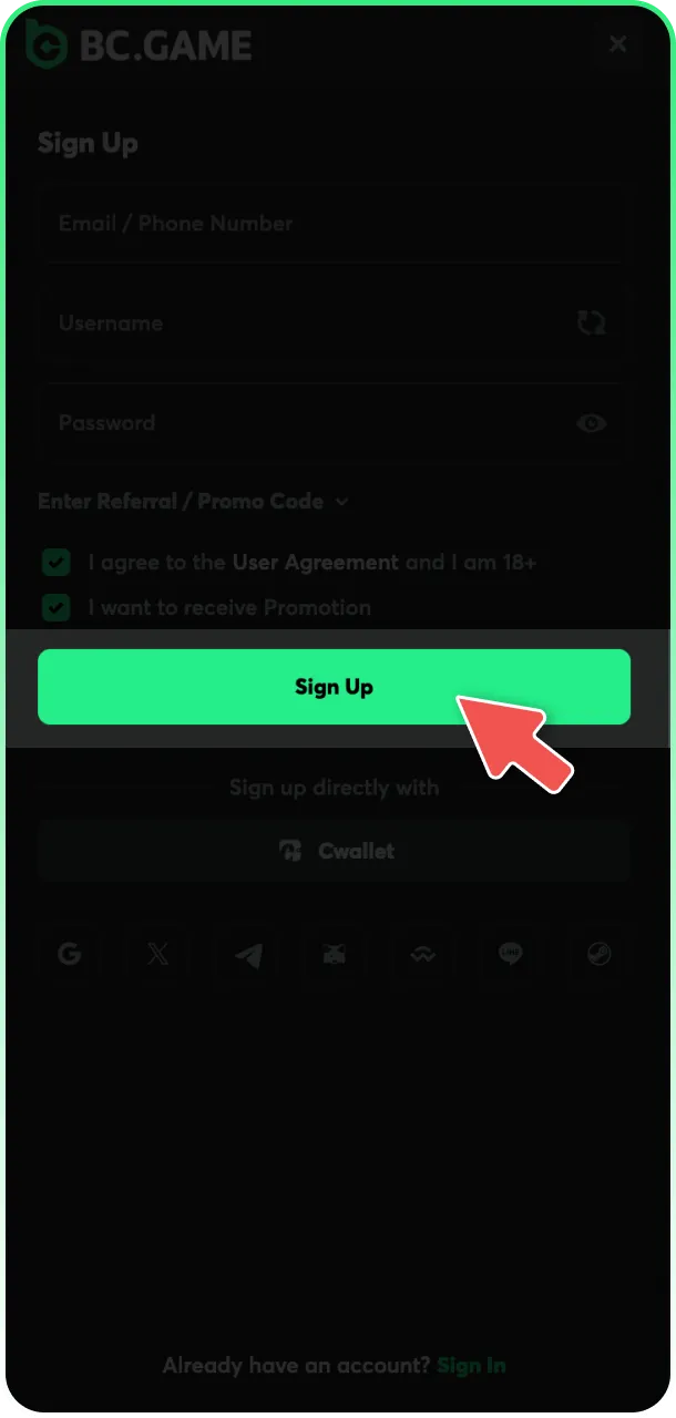 Complete registration and log in to start playing BC Game.