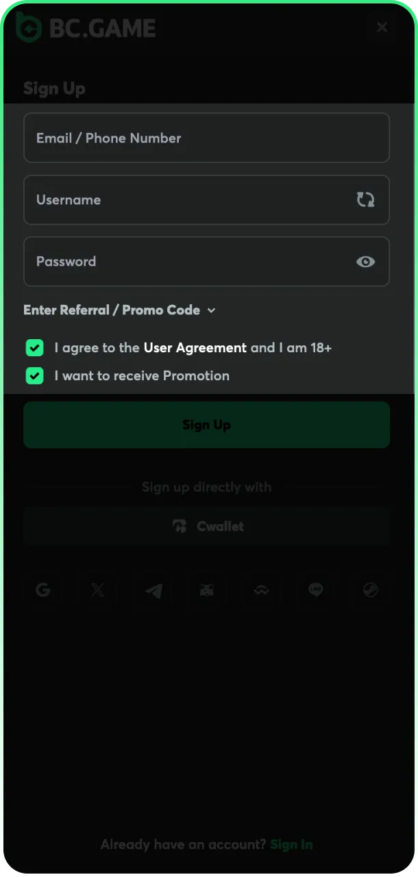 Fill in your details to join the BC Game platform.