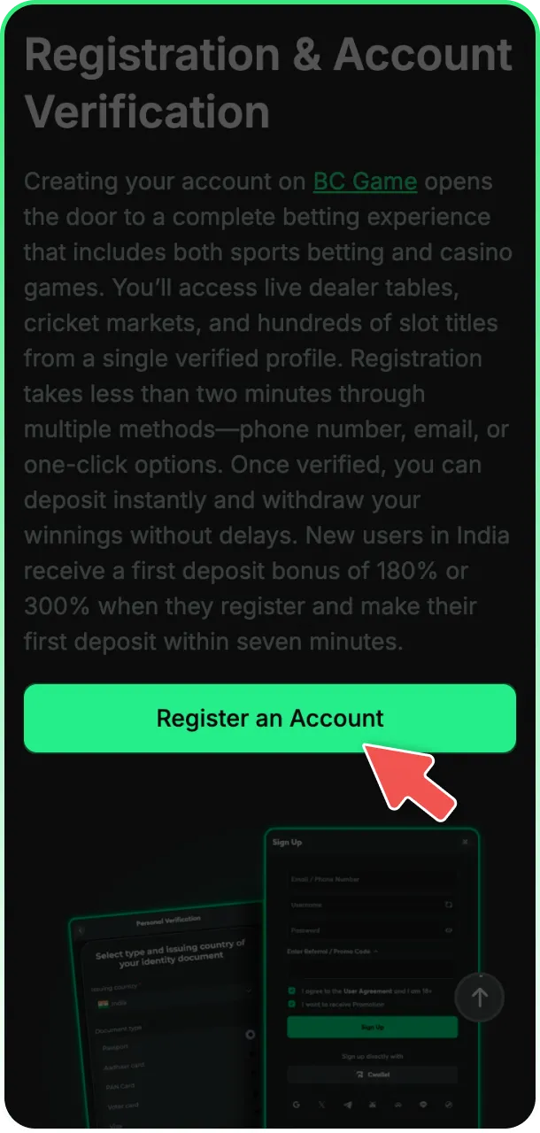 Click the sign-up button to join BC Game India official.