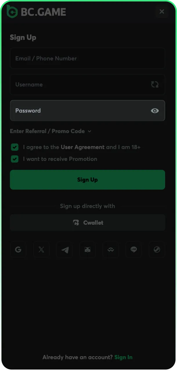 Create a strong password to secure your BC Game profile.