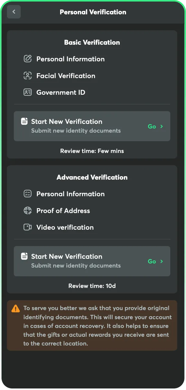 Upload your identity document for the official BC Game verification.