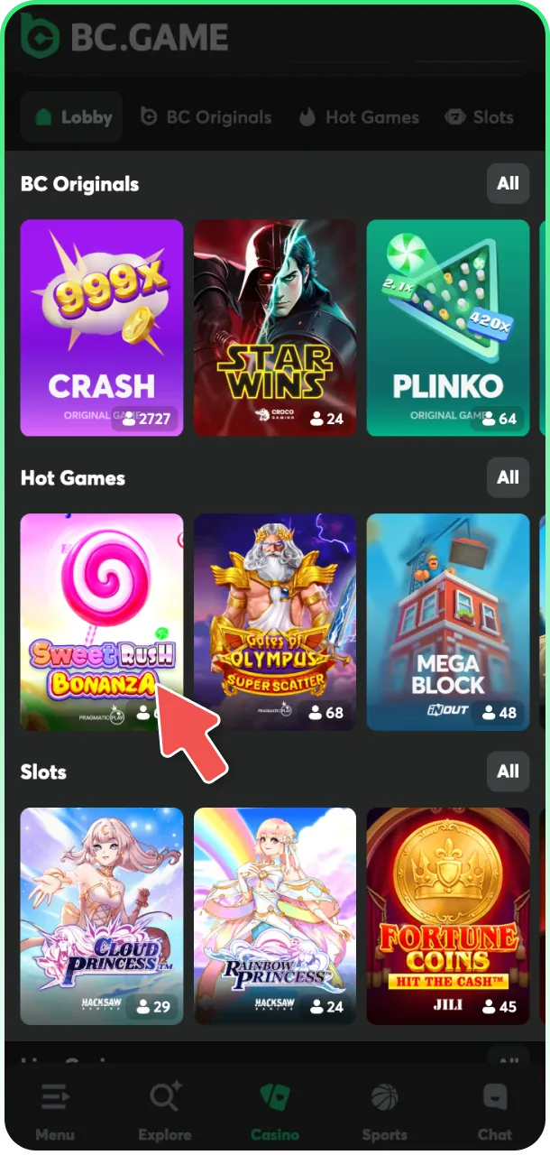 Choose a game from the wide variety of BC Game video slots.