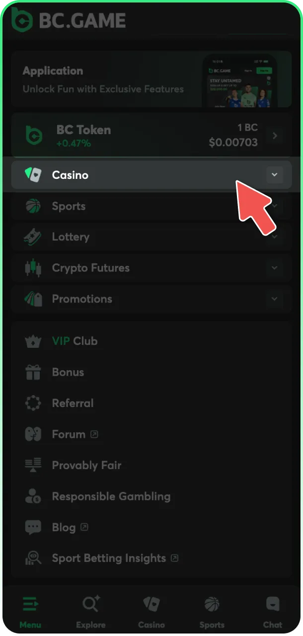Open the slots lobby on the official BC Game India website.