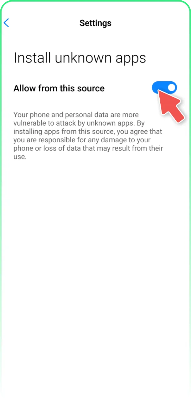 On Android, allow installation from unknown sources for the BC Game APK.