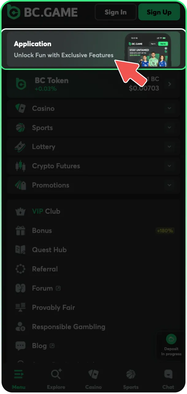 Tap the download button for the mobile BC Game app.