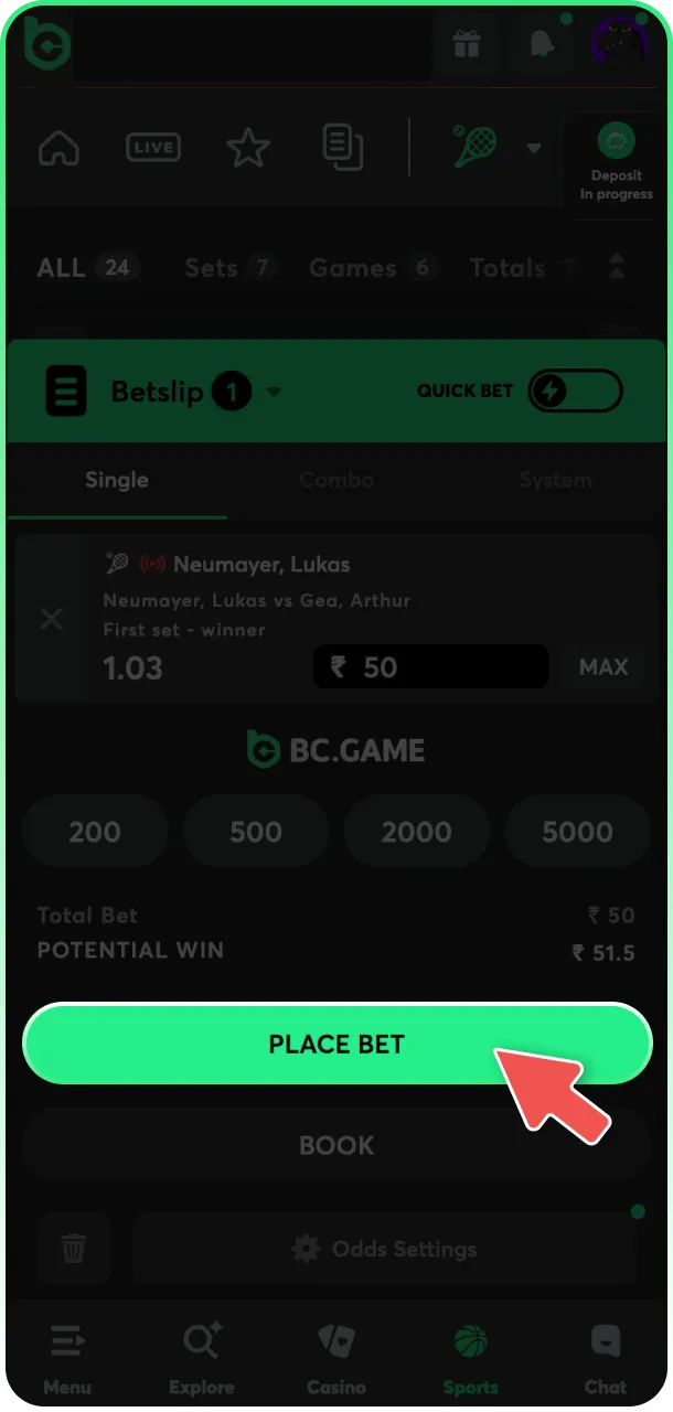 Confirm your tennis wager on the secure BC Game platform.