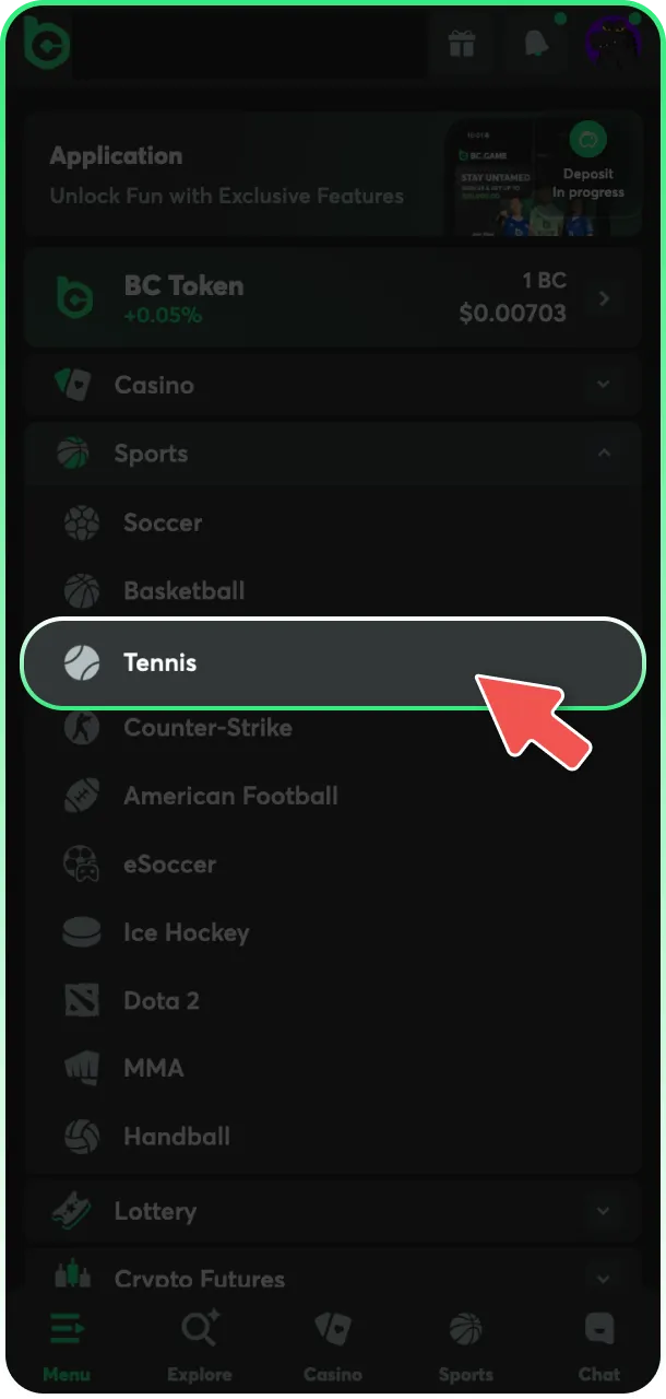Select tennis from the official list of BC Game sports.