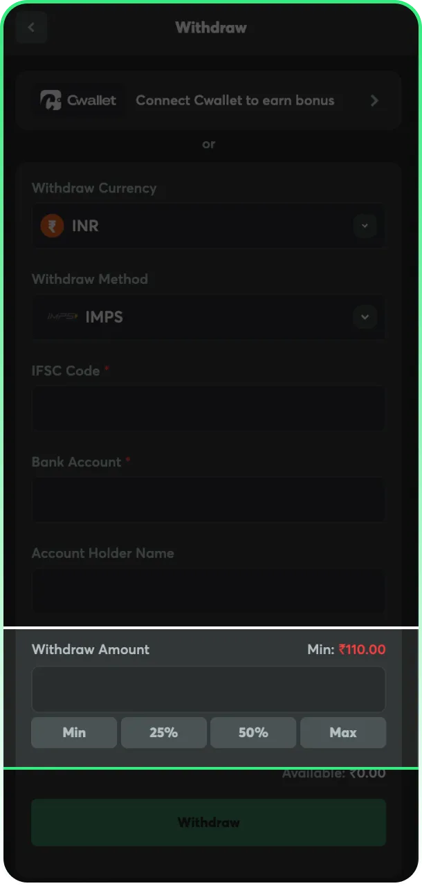 Enter withdrawal amount to receive your funds from BC Game.
