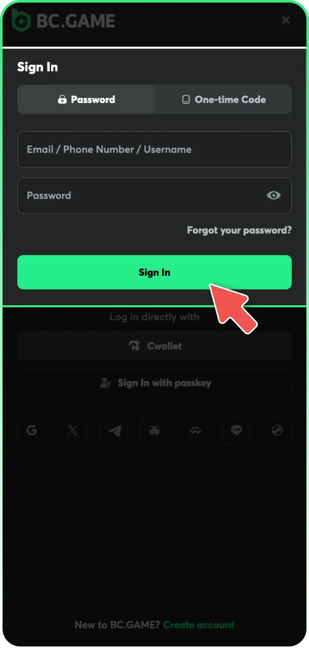 Log in to your account to start the BC Game withdrawal.