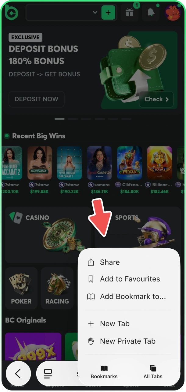 Tap on Share button to get BCGame iOS app.