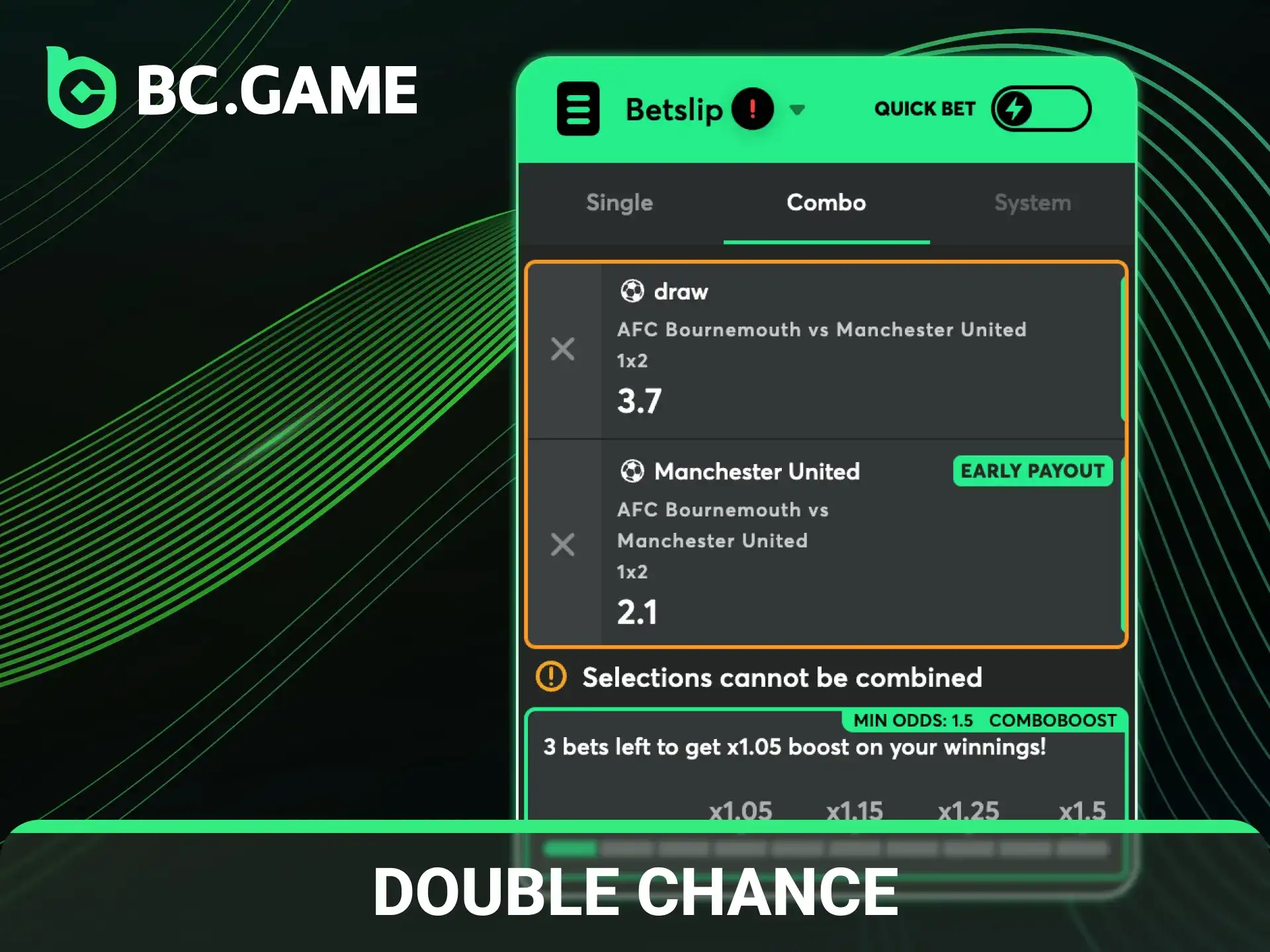 Choose a football double chance market on the BC Game site.