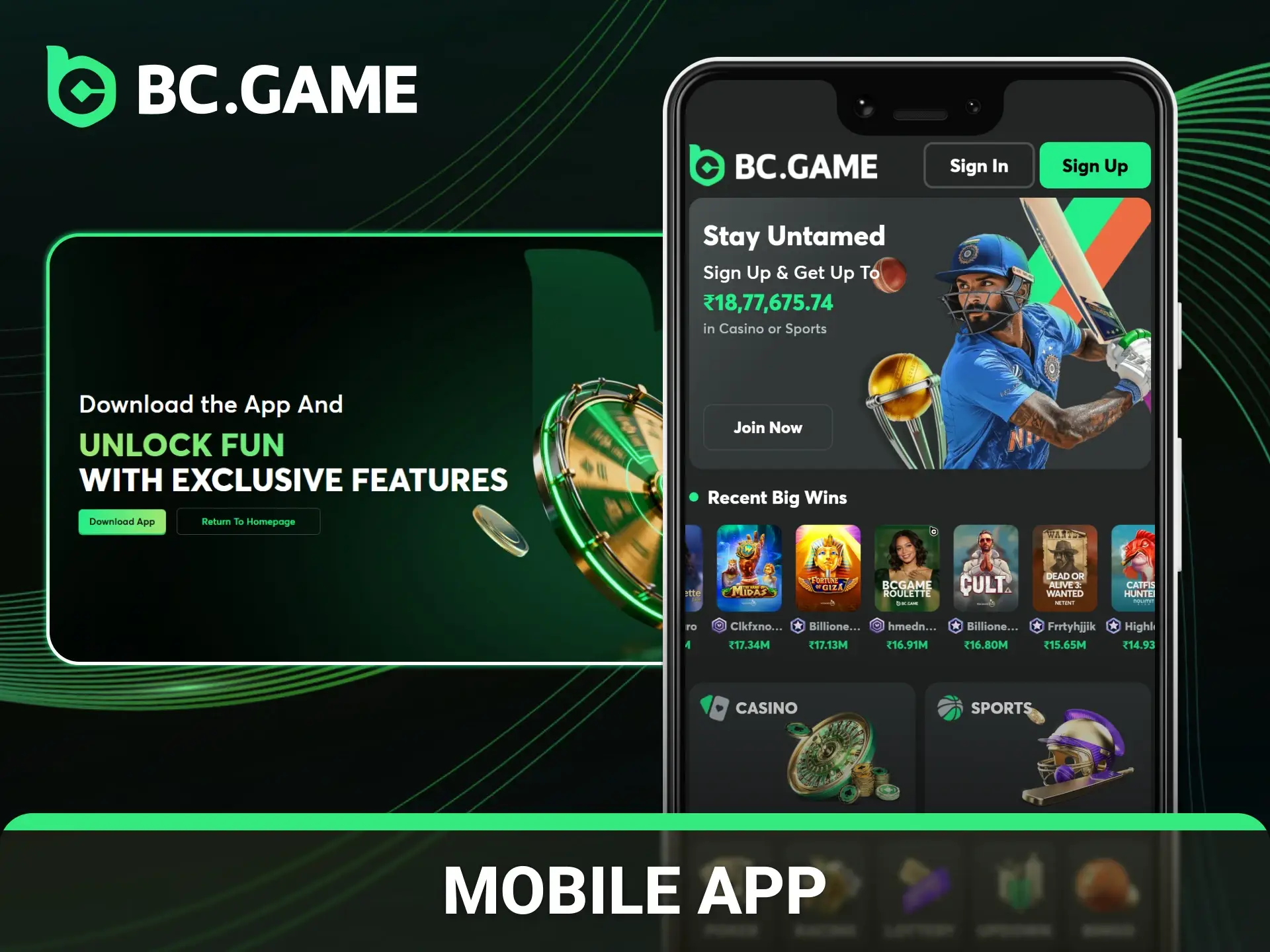 DOwnload official BCgame app and keep all your bets in a pocket.